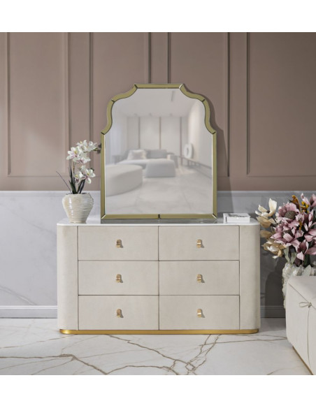 Grande Commode de chambre moderne chic 6 tiroirs 140 cm Bois de pin Bois MDF Métal Crème Doré Beauty Mauro Ferretti - 9
