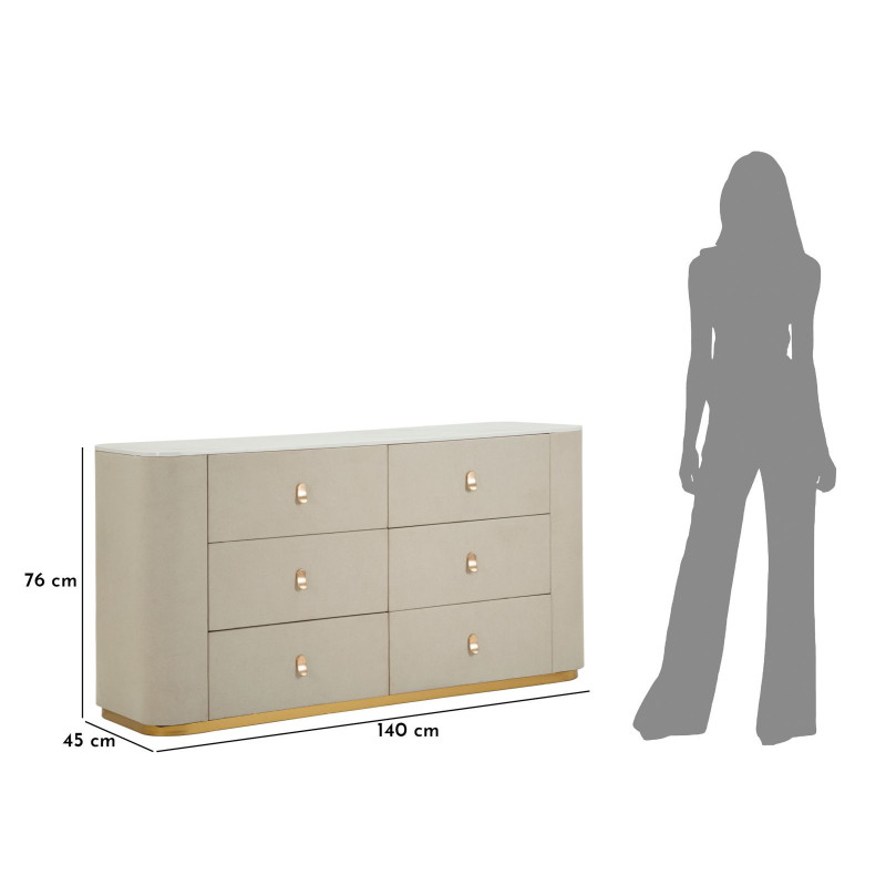 Grande Commode de chambre moderne chic 6 tiroirs 140 cm Bois de pin Bois MDF Métal Crème Doré Beauty Mauro Ferretti - 10