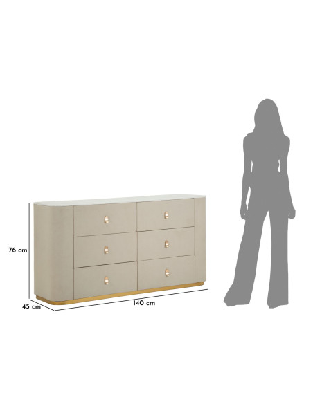 Grande Commode de chambre moderne chic 6 tiroirs 140 cm Bois de pin Bois MDF Métal Crème Doré Beauty Mauro Ferretti - 10