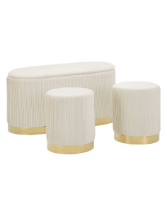 Ensemble Banquette Coffre rangement & 2 Poufs Velours côtelé Crème Métal Doré Bois MDF Shopy Mauro Ferretti - 1