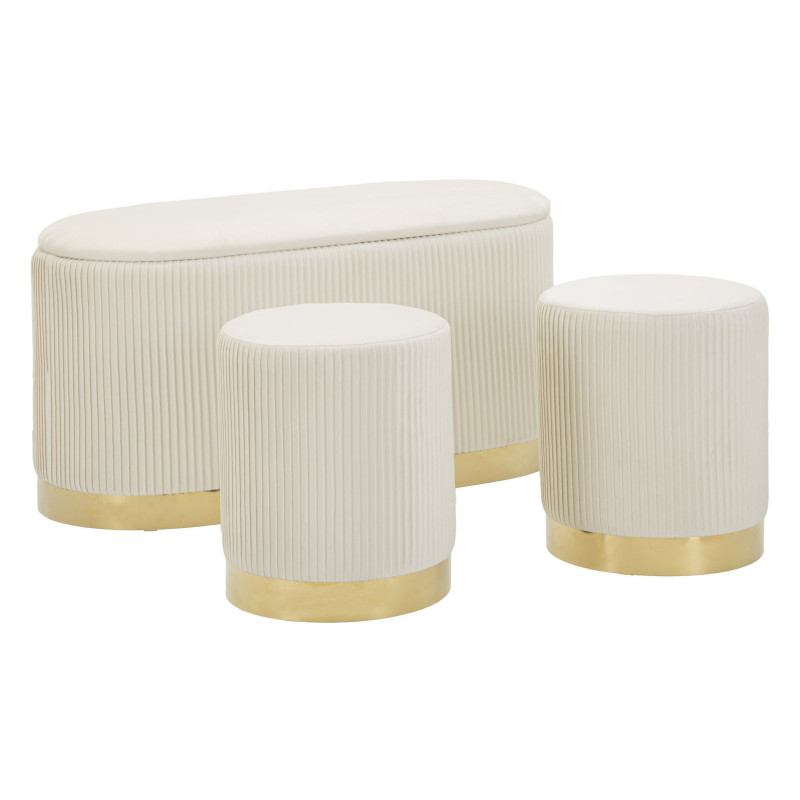 Ensemble Banquette Coffre rangement & 2 Poufs Velours côtelé Crème Métal Doré Bois MDF Shopy Mauro Ferretti - 1