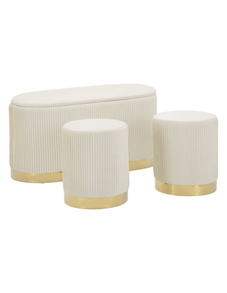 Ensemble Banquette Coffre rangement & 2 Poufs Velours côtelé Crème Métal Doré Bois MDF Shopy Mauro Ferretti - 1