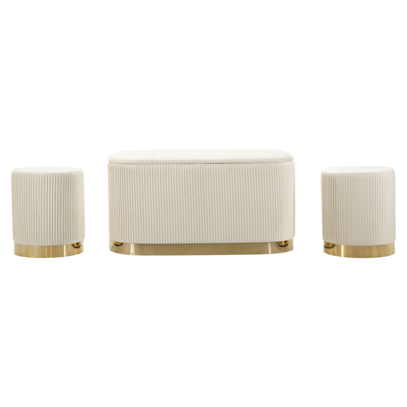 Ensemble Banquette Coffre rangement & 2 Poufs Velours côtelé Crème Métal Doré Bois MDF Shopy Mauro Ferretti - 2