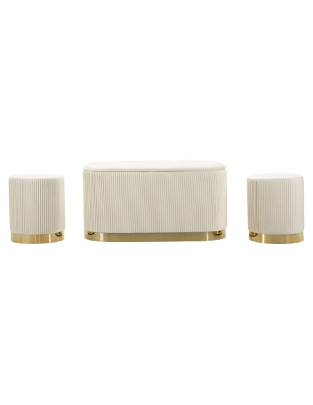 Ensemble Banquette Coffre rangement & 2 Poufs Velours côtelé Crème Métal Doré Bois MDF Shopy Mauro Ferretti - 2