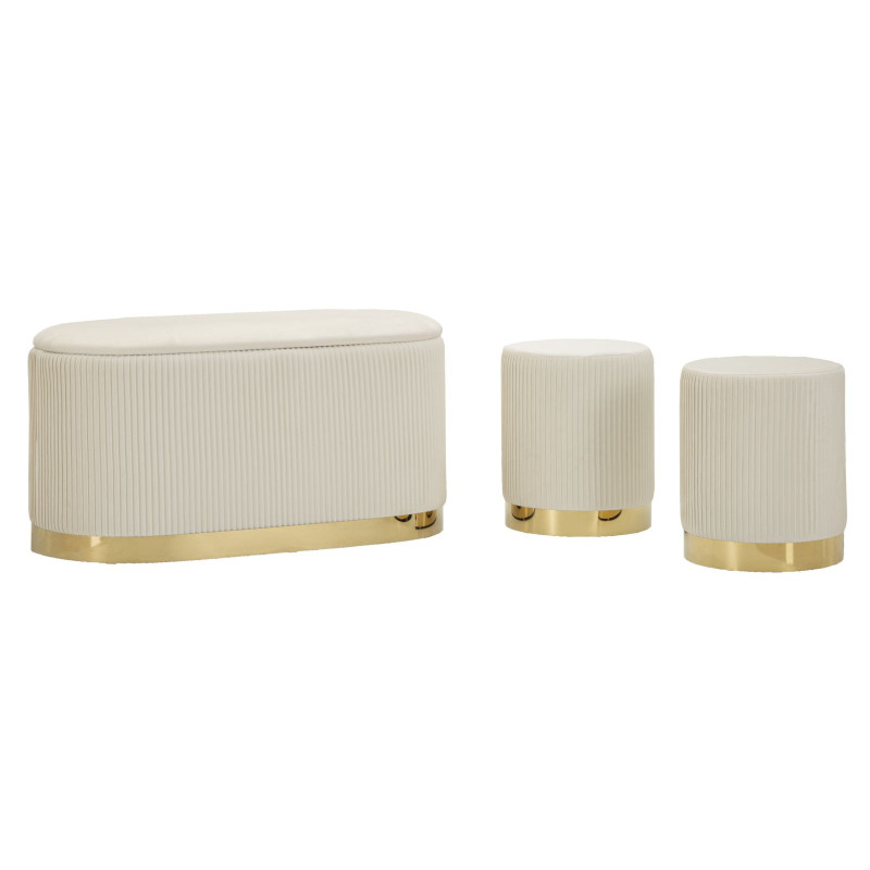 Ensemble Banquette Coffre rangement & 2 Poufs Velours côtelé Crème Métal Doré Bois MDF Shopy Mauro Ferretti - 3