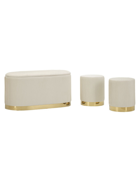 Ensemble Banquette Coffre rangement & 2 Poufs Velours côtelé Crème Métal Doré Bois MDF Shopy Mauro Ferretti - 3