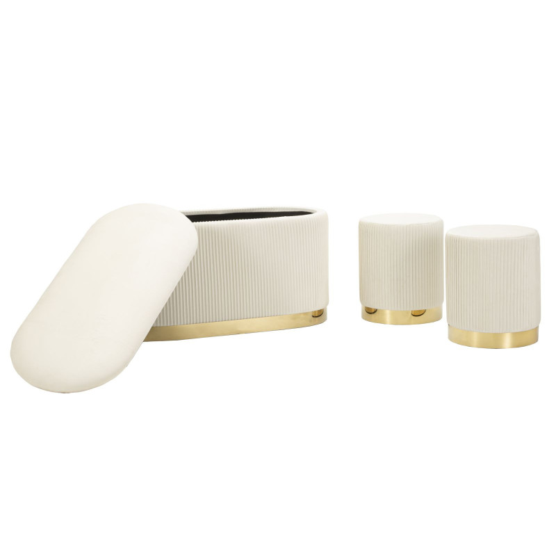 Ensemble Banquette Coffre rangement & 2 Poufs Velours côtelé Crème Métal Doré Bois MDF Shopy Mauro Ferretti - 6