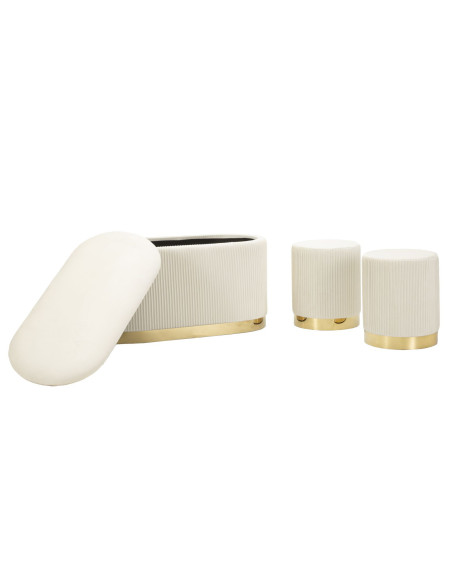 Ensemble Banquette Coffre rangement & 2 Poufs Velours côtelé Crème Métal Doré Bois MDF Shopy Mauro Ferretti - 6