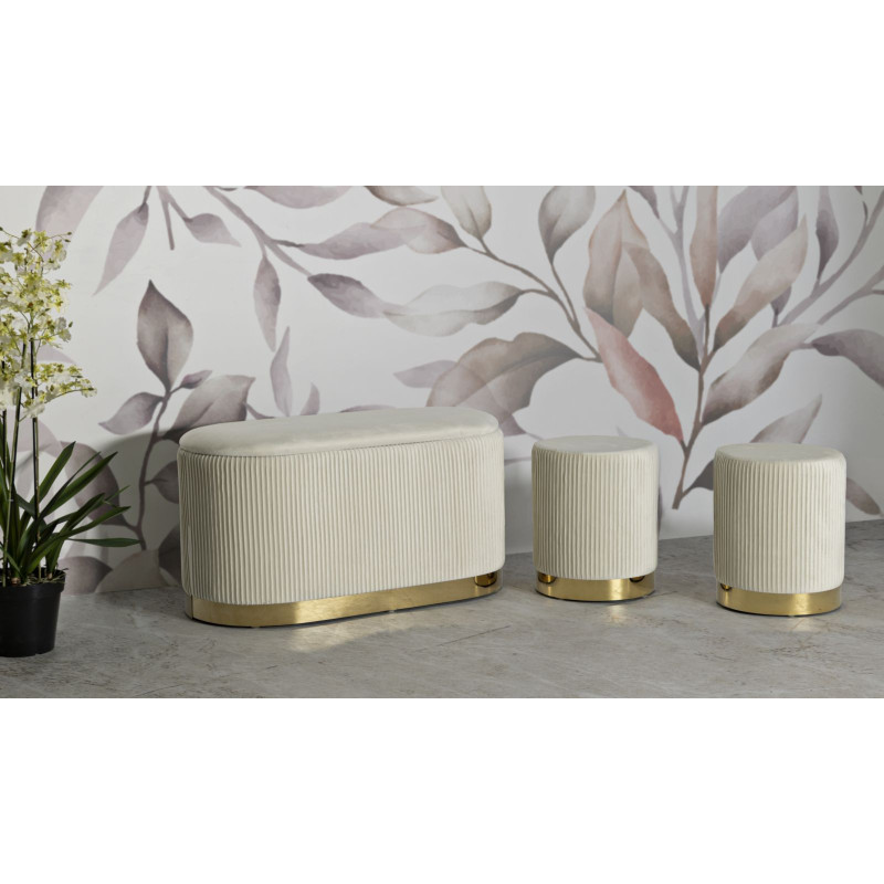 Ensemble Banquette Coffre rangement & 2 Poufs Velours côtelé Crème Métal Doré Bois MDF Shopy Mauro Ferretti - 9