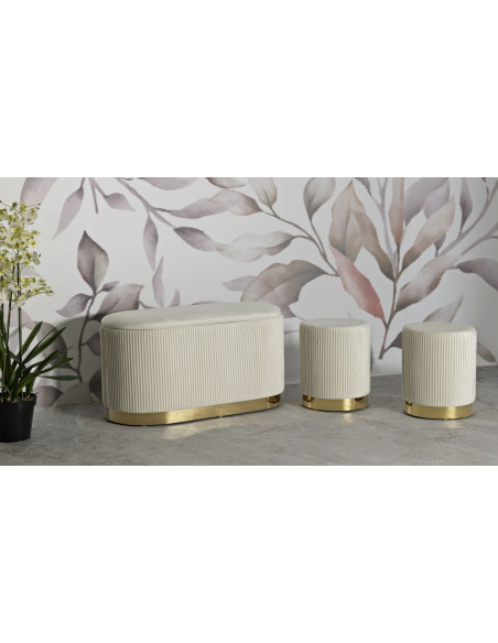 Ensemble Banquette Coffre rangement & 2 Poufs Velours côtelé Crème Métal Doré Bois MDF Shopy Mauro Ferretti - 9