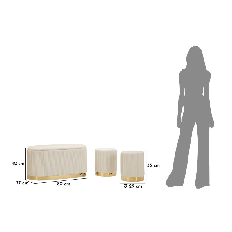 Ensemble Banquette Coffre rangement & 2 Poufs Velours côtelé Crème Métal Doré Bois MDF Shopy Mauro Ferretti - 10