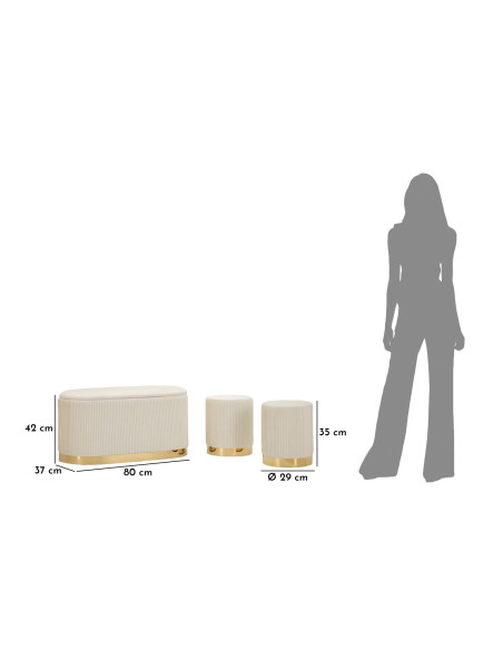 Ensemble Banquette Coffre rangement & 2 Poufs Velours côtelé Crème Métal Doré Bois MDF Shopy Mauro Ferretti - 10