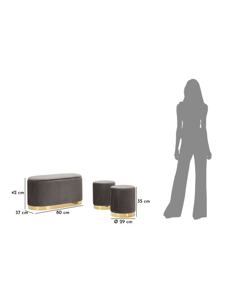 PANCA C/CONTENITORE E SGABELLI SHOPY GRIGIA SET 3 PZ CM 80X37X42-29X35 