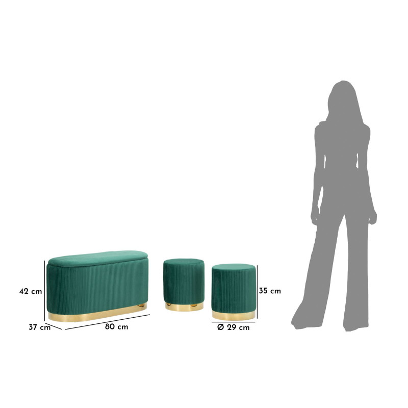 PANCA C/CONTENITORE E SGABELLI SHOPY VERDE SET 3 PZ CM 80X37X42-29X35 