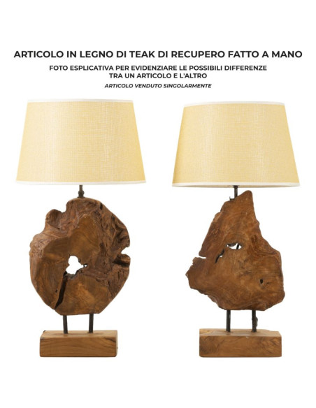 Grande Lampe à poser ethnique chic Hauteur 69 cm Bois de teck recyclé Naturel Tissu Beige Kepala 