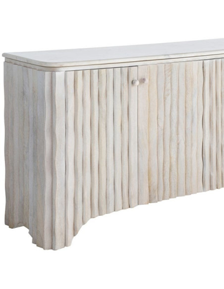 Grand Buffet design wabi-sabi Bas 4 portes 153 cm Bois de manguier Marbre Blanc Ondria
