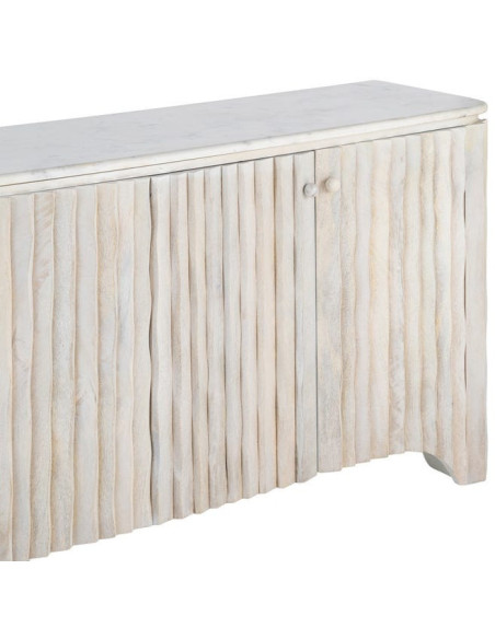 Grand Buffet design wabi-sabi Bas 4 portes 153 cm Bois de manguier Marbre Blanc Ondria