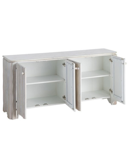 Grand Buffet design wabi-sabi Bas 4 portes 153 cm Bois de manguier Marbre Blanc Ondria