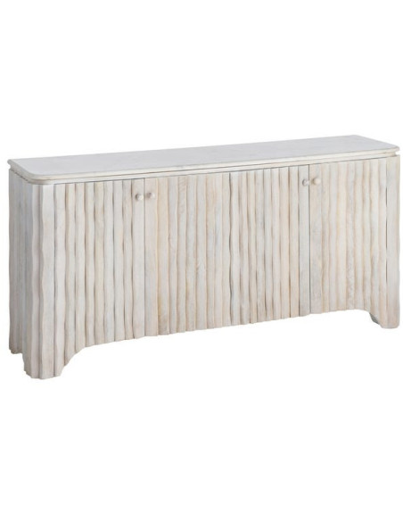 Grand Buffet design wabi-sabi Bas 4 portes 153 cm Bois de manguier Marbre Blanc Ondria