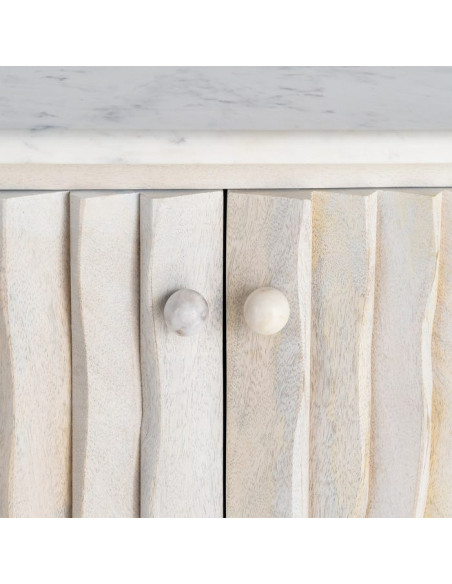 Grand Buffet design wabi-sabi Bas 4 portes 153 cm Bois de manguier Marbre Blanc Ondria