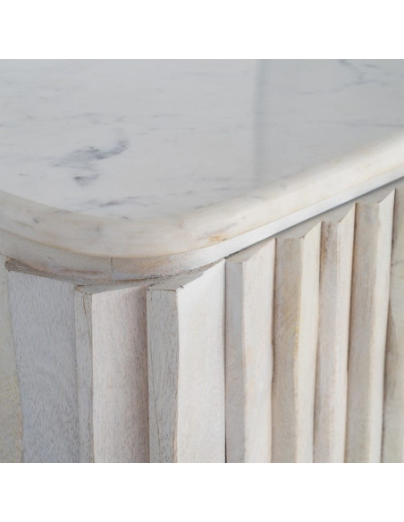 Grand Buffet design wabi-sabi Bas 4 portes 153 cm Bois de manguier Marbre Blanc Ondria