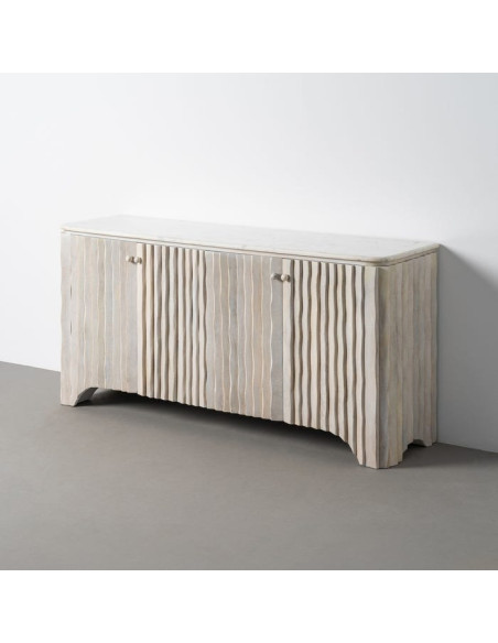 Grand Buffet design wabi-sabi Bas 4 portes 153 cm Bois de manguier Marbre Blanc Ondria