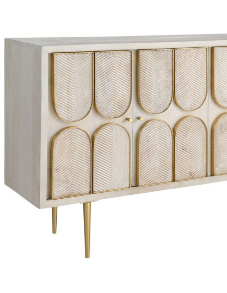 Grand Buffet design Art déco Bas 4 portes 152 cm Bois de manguier Blanc Métal Doré Alcéra