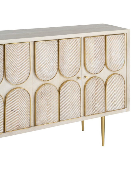 Grand Buffet design Art déco Bas 4 portes 152 cm Bois de manguier Blanc Métal Doré Alcéra