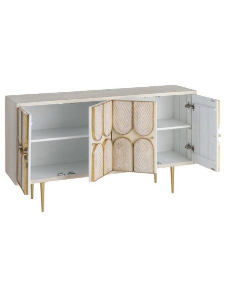 Grand Buffet design Art déco Bas 4 portes 152 cm Bois de manguier Blanc Métal Doré Alcéra