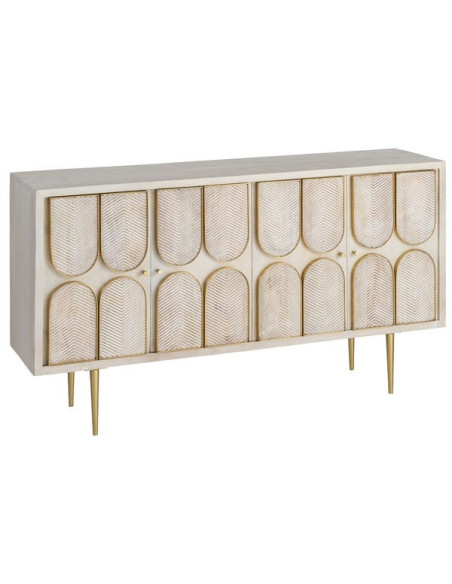 Grand Buffet design Art déco Bas 4 portes 152 cm Bois de manguier Blanc Métal Doré Alcéra