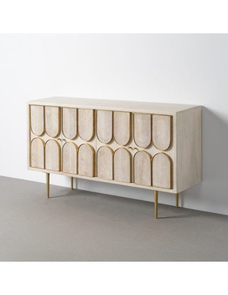 Grand Buffet design Art déco Bas 4 portes 152 cm Bois de manguier Blanc Métal Doré Alcéra