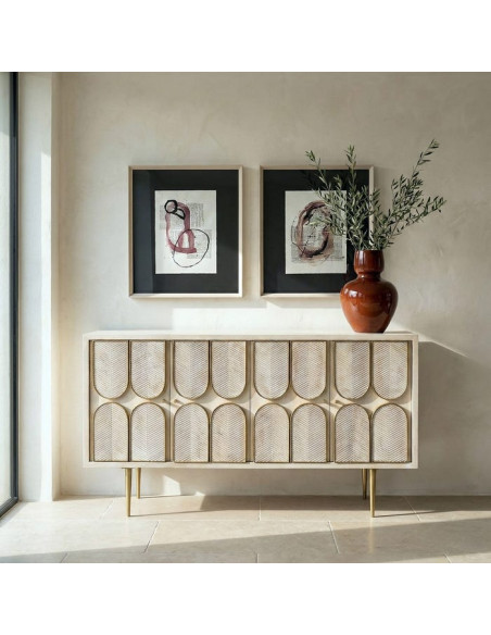 Grand Buffet design Art déco Bas 4 portes 152 cm Bois de manguier Blanc Métal Doré Alcéra