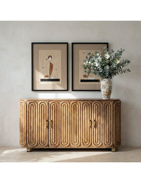 Grand Buffet design Art déco Bas 4 portes 152 cm Bois de manguier Naturel Arcéo