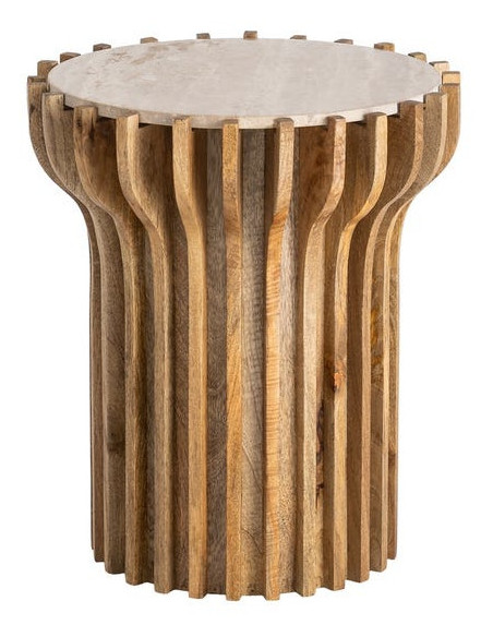 Table d'appoint design Ronde 53 cm Marbre Beige Bois de manguier Naturel Stréo