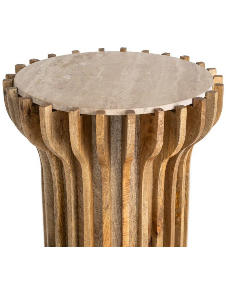 Table d'appoint design Ronde 53 cm Marbre Beige Bois de manguier Naturel Stréo