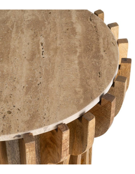 Table d'appoint design Ronde 53 cm Marbre Beige Bois de manguier Naturel Stréo