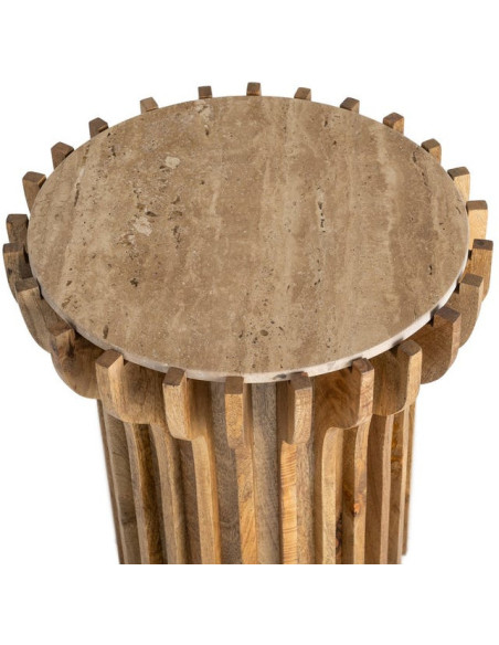 Table d'appoint design Ronde 53 cm Marbre Beige Bois de manguier Naturel Stréo
