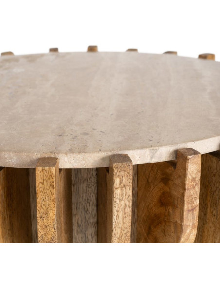 Table d'appoint design Ronde 53 cm Marbre Beige Bois de manguier Naturel Stréo
