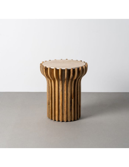 Table d'appoint design Ronde 53 cm Marbre Beige Bois de manguier Naturel Stréo
