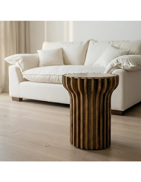 Table d'appoint design Ronde 53 cm Marbre Beige Bois de manguier Naturel Stréo