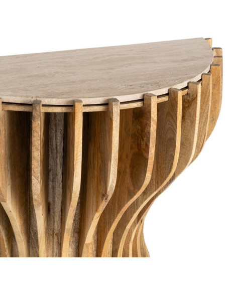 Console design Demi lune 92 cm Marbre Beige Bois de manguier Naturel Stréo