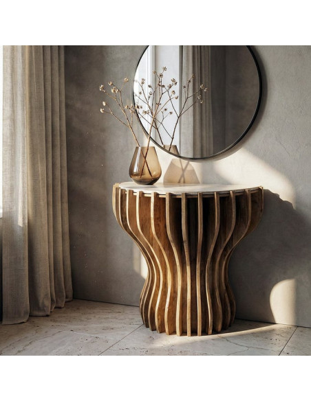 Console design Demi lune 92 cm Marbre Beige Bois de manguier Naturel Stréo