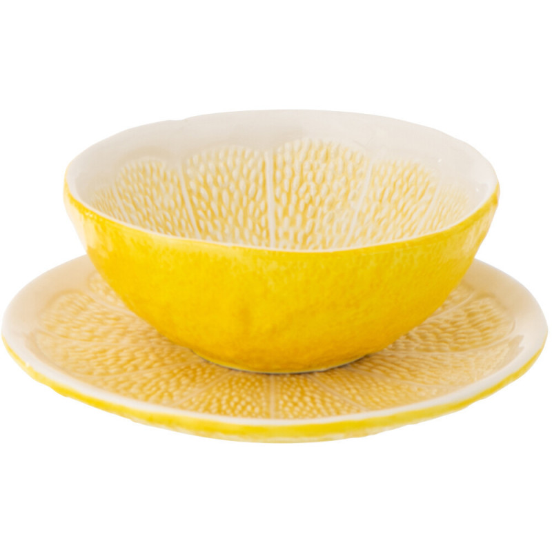 Assiette à dessert style provençal Citron Ronde 19 cm Dolomite Jaune Blanc Grumyo 