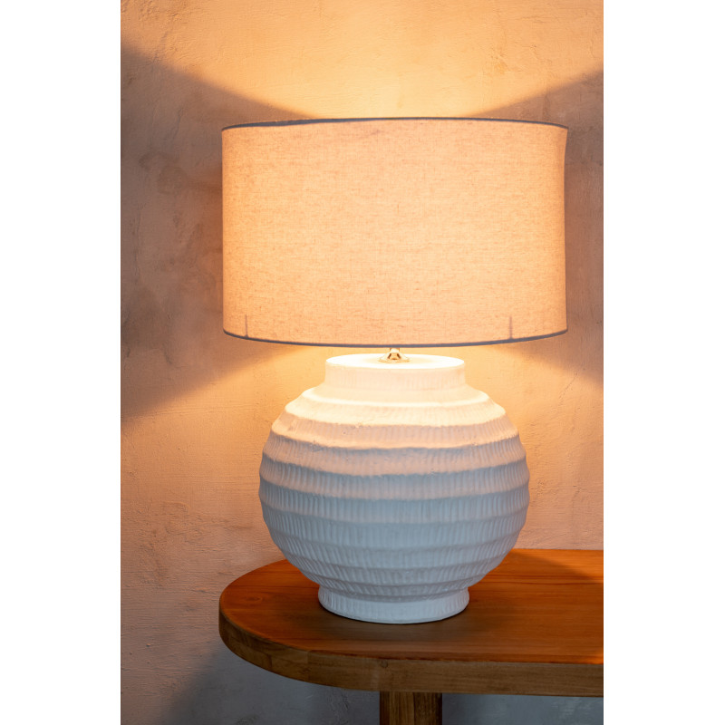 Grande Lampe boule Japandi chic H 62 cm Terre cuite Beige Tissu Blanc Toreko 
