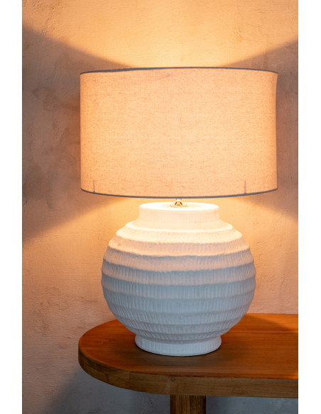 Grande Lampe boule Japandi chic H 62 cm Terre cuite Beige Tissu Blanc Toreko 