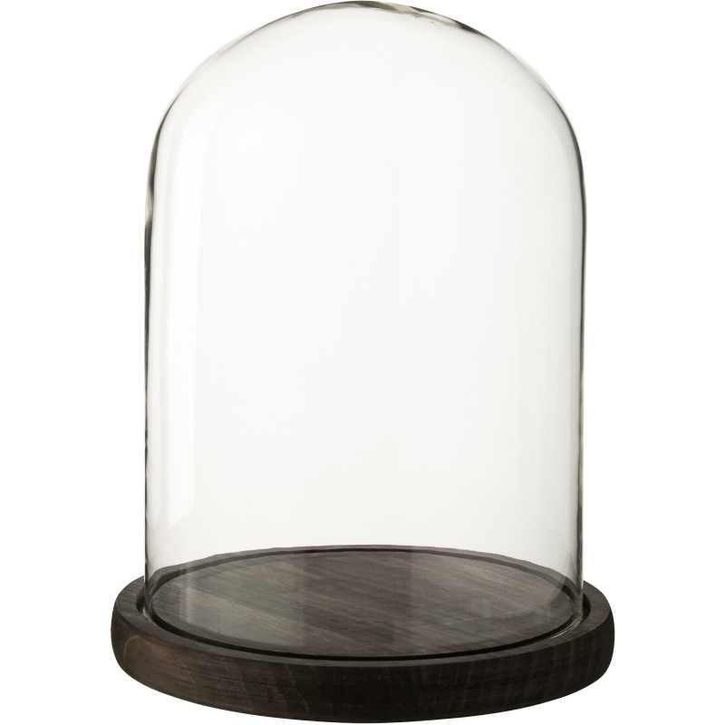 Grande Cloche décorative H 29 cm Verre Transparent Bois Marron foncé Domyla 
