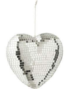 Coeur à suspendre design boule à facettes 13 cm Miroir Argenté Mousse Disco 