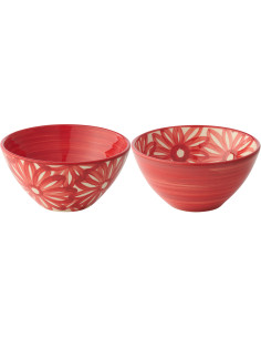 Lot de 2 Bols style méditerranéen Rond 22 cm Céramique Rouge Blanc Motif fleurs Flora 
