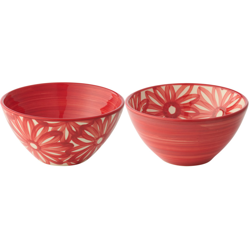 Lot de 2 Bols style méditerranéen Rond 22 cm Céramique Rouge Blanc Motif fleurs Flora 