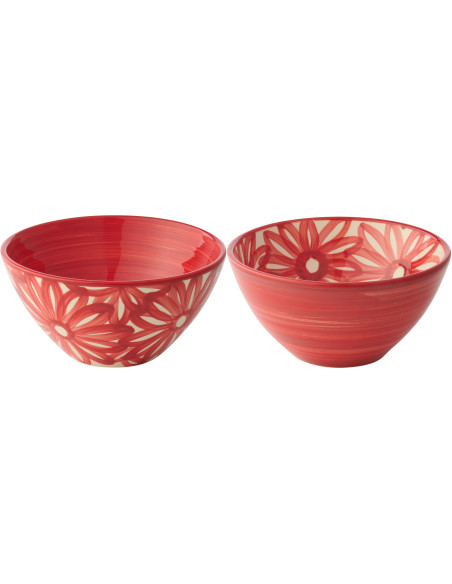Lot de 2 Bols style méditerranéen Rond 22 cm Céramique Rouge Blanc Motif fleurs Flora 